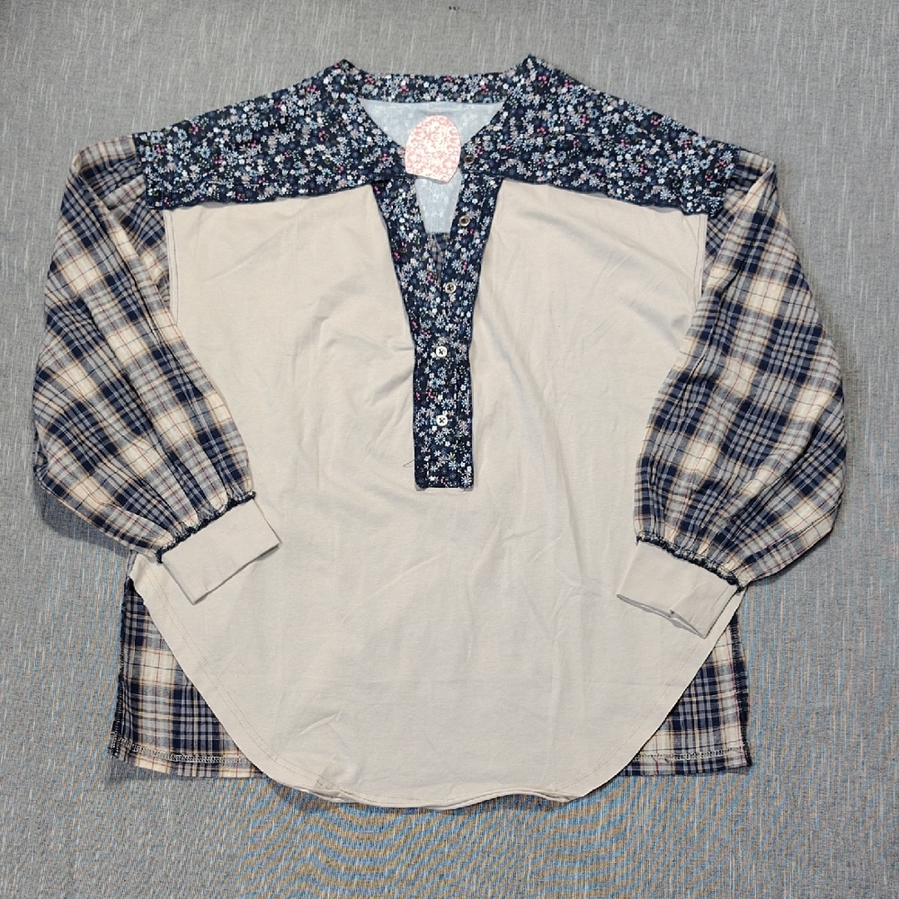 Handmade Patchwork Shirt Blouse Women's Size Medium Floral Plaid Bishop Sleeve